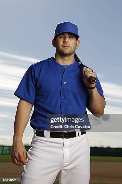 Mitch Moreland of the Texas Rangers poses during a portrait session on February 16, 2013 in Glendale, Arizona.