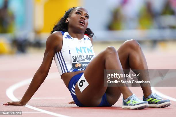 Cyrena Samba-Mayela of Team France reacts after competing in Heat 1 of Women's 100m Hurdles Qualification during day four of the World Athletics...