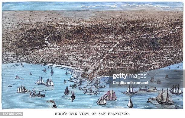 old engraved illustration of bird's eye view of san francisco city, california - san-francisco-bay-area-and-skyline-drawing stock pictures, royalty-free photos & images