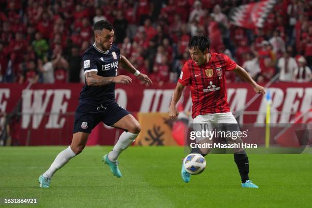 Soya Nakajima of Urawa Reds in action during the AFC Champions League Qualifying Play-Off match between Urawa Red Diamonds and Lee Man at Saitama...