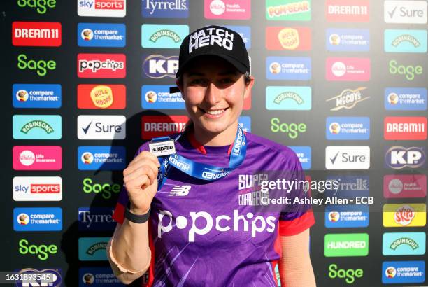 Marie Kelly of Northern Superchargers poses for a photograph after being award the Match Hero award during The Hundred match between Northern...