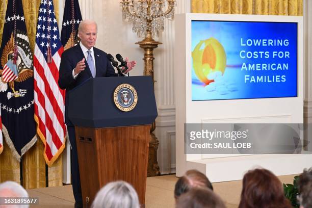 President Joe Biden speaks about lowering healthcare costs, in the East Room of the White House in Washington, DC, on August 29, 2023.