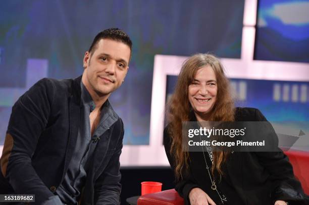 George Stroumboulopoulos interviews Patti Smith on 'George Stroumboulopoulos Tonight' at CBC Broadcast Centre on March 5, 2013 in Toronto, Canada.