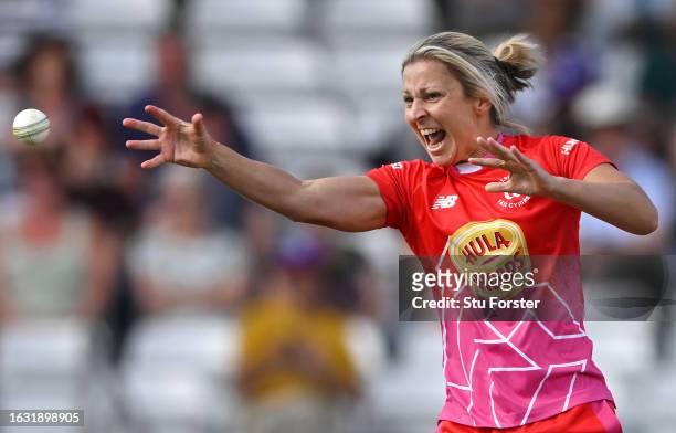 Fire bowler Claire Nicholas takes a one handed return catch off her own bowling to dismiss Superchargers batter Phoebe Litchfield during The Hundred...