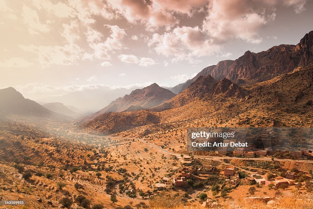 Atlas mountains with town in Morocco.