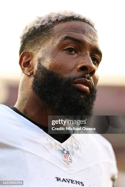 Odell Beckham Jr. #3 of the Baltimore Ravens looks on prior to an NFL preseason game between the Washington Commanders and the Baltimore Ravens at...