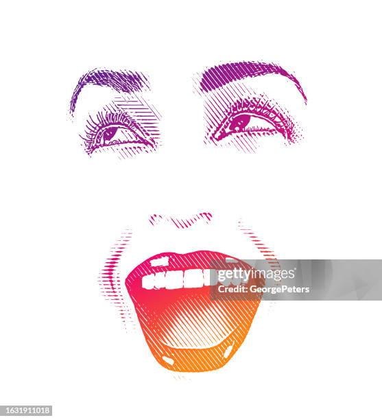 high key engraving of woman's eyes and lips, with happy expression - laughing face close up stock illustrations