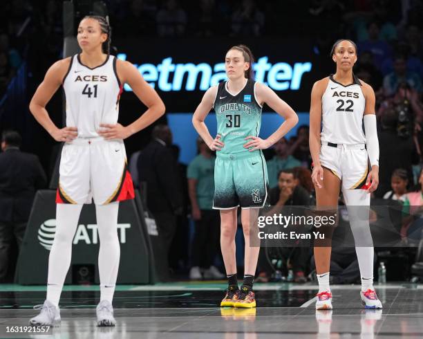 Breanna Stewart of the New York Liberty & A'ja Wilson of the Las Vegas Aces looks on during the game on August 28, 2023 in Brooklyn, New York. NOTE...