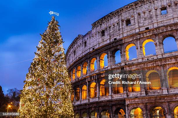 christmas tree at colosseum at dusk. - christmas in rome stock pictures, royalty-free photos & images