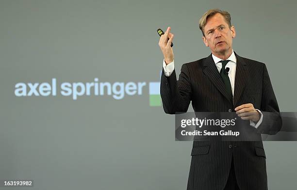 Mathias Doepfner, CEO of German publisher Axel Springer, speaks at the company's annual press conference to announce financial results for 2012 on...