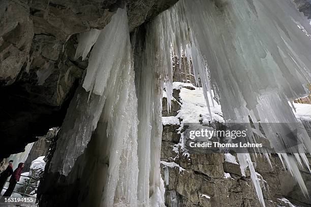Visitors looks at the winter ice in the Breitachklamm Canyon at Tiefenbach near Oberstorf on March 5, 2013 in Oberstdorf, Germany. The remarkable...