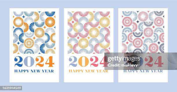 ilustraciones, imágenes clip art, dibujos animados e iconos de stock de feliz año nuevo 2024 con fuegos artificiales geométricos - new year card