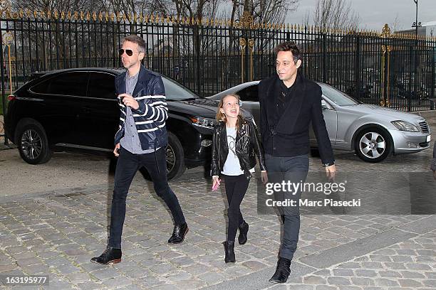 Jefferson Hack, Lila Grace Moss and Jamie Hince are sighted arriving at the 'Louis Vuitton' fashion show on March 6, 2013 in Paris, France.