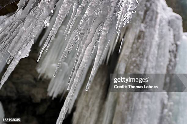 Water drips from the icicles in the Breitachklamm Canyon at Tiefenbach near Oberstorf on March 5, 2013 in Oberstdorf, Germany. The remarkable nature...