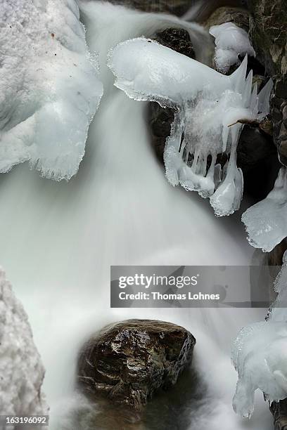 Ice surrounds the covered rocks and stones in the Breitachklamm Canyon at Tiefenbach near Oberstorf on March 5, 2013 in Oberstdorf, Germany. The...