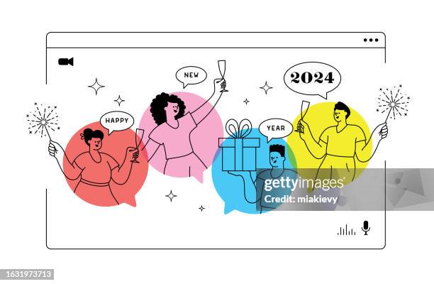 illustrations, cliparts, dessins animés et icônes de fête virtuelle du nouvel an 2024 - bulles champagne