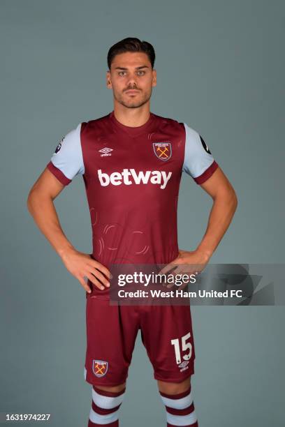 Konstantinos Mavropanos signs for West ham United at London Stadium on August 22, 2023 in London, England.