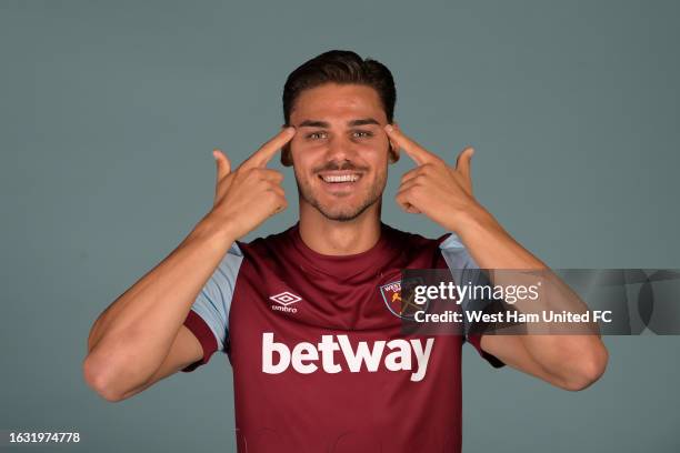 Konstantinos Mavropanos signs for West ham United at London Stadium on August 22, 2023 in London, England.