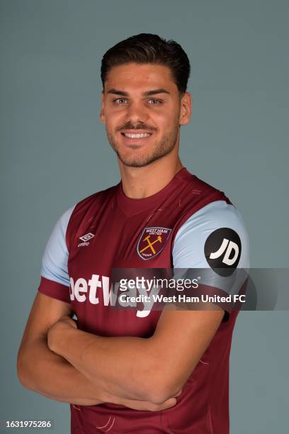 Konstantinos Mavropanos signs for West ham United at London Stadium on August 22, 2023 in London, England.