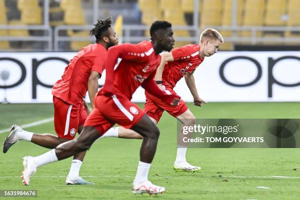 Antwerp's Arthur Vermeeren pictured in action during a training session ahead of the match between Belgian soccer team Royal Antwerp FC and Greek...