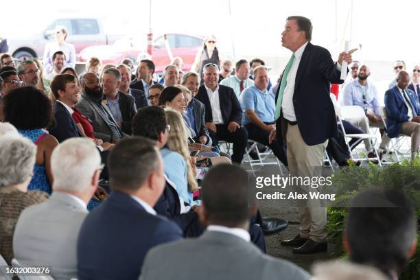 Sen. Mark Warner speaks during an event to break ground on the Dulles Solar and Storage project on August 22, 2023 at Dulles International Airport in...