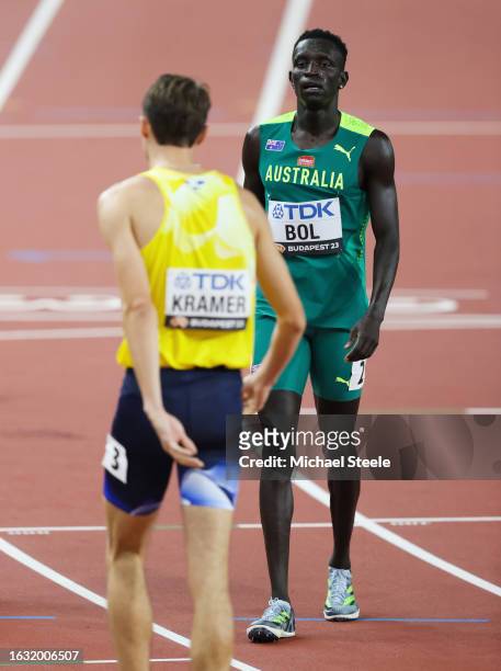 Peter Bol of Team Australia reacts after the Men's 800m Heats during day four of the World Athletics Championships Budapest 2023 at National...