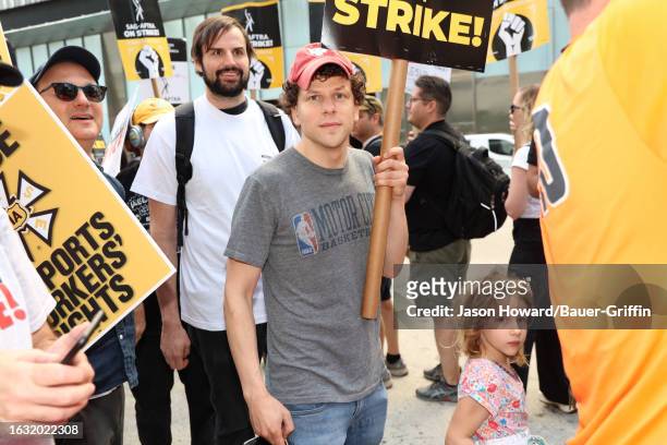 Jesse Eisenberg is seen on the SAG-AFTRA picket line on August 22, 2023 in New York City.