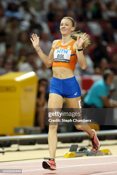 Femke Bol of Team Netherlands reacts after competing in the Women's 400m Hurdles Semi-Final during day four of the World Athletics Championships...