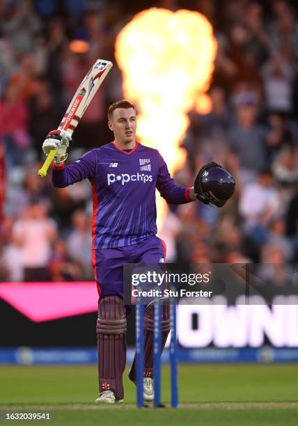 Superchargers batter Harry Brook reaches his century during The Hundred match between Northern Superchargers Men and Welsh Fire Men at Headingley on...