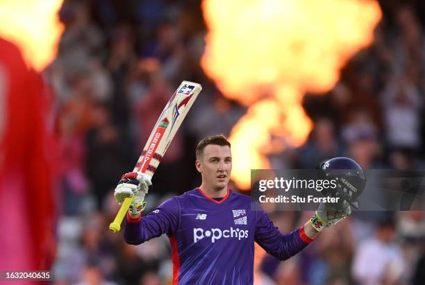 Superchargers batter Harry Brook reaches his century during The Hundred match between Northern Superchargers Men and Welsh Fire Men at Headingley on...