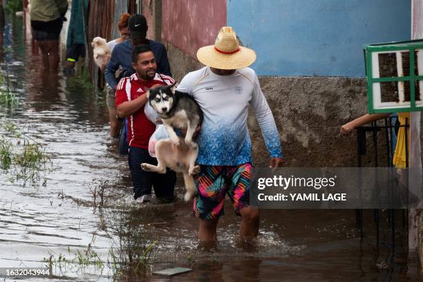 Man carries a dog while walking through a flooded street in Batabano, Mayabeque province, Cuba on August 29 during the passage of tropical storm...