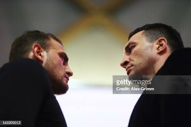World Champion Wladimir Klitschko of Ukraine and challenger Francesco Pianeta pose after a press conference ahead of their upcoming heavyweight...