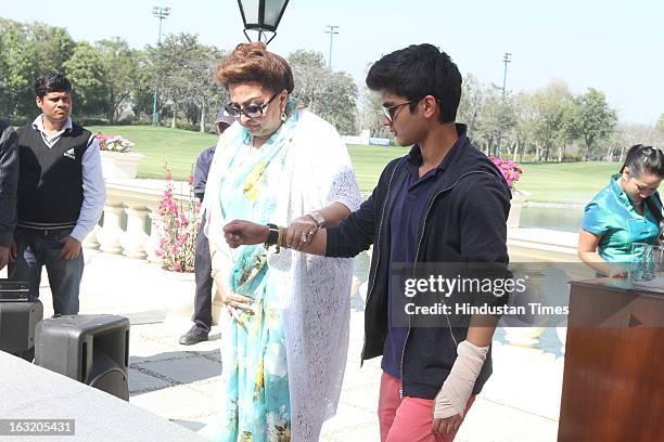 Madhavi Raje Scindia with her grandson Mahanaryaman Scindia during Madhavrao Scindia Golf Tournament 2013 at DLF Country Club on March 3, 2013 in...