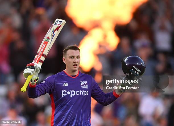 Superchargers batter Harry Brook reaches his century during The Hundred match between Northern Superchargers Men and Welsh Fire Men at Headingley on...