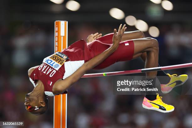 Mutaz Essa Barshim of Team Qatar competes in the Men's High Jump Final during day four of the World Athletics Championships Budapest 2023 at National...