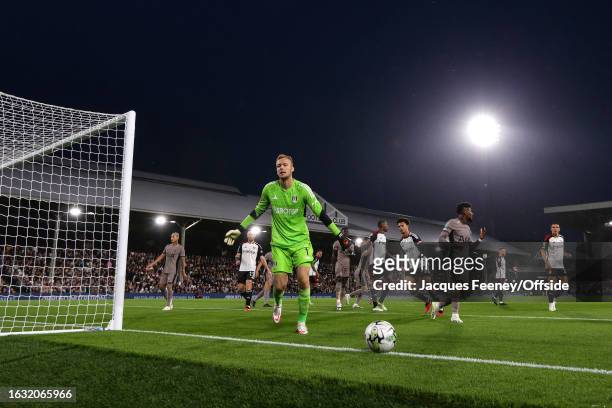 Fulham goalkeeper Marek Rodak chases the ball out of play during the Carabao Cup Second Round match between Fulham and Tottenham Hotspur at Craven...