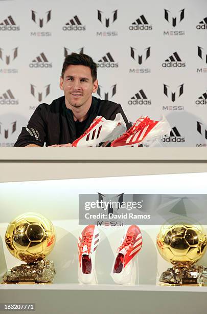Leo Messi speaks at adidas press conference to mark the launch of the Messi Gallery by adidas and the new adizero f50 Messi boot on March 6, 2013 in...