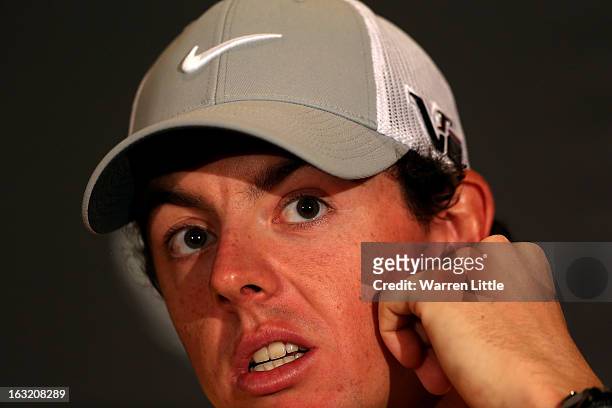 Rory McIlroy of Northern Ireland addresses the media ahead of the WGC - Cadillac Championship at the Doral Golf Resort & Spa on March 6, 2013 in...
