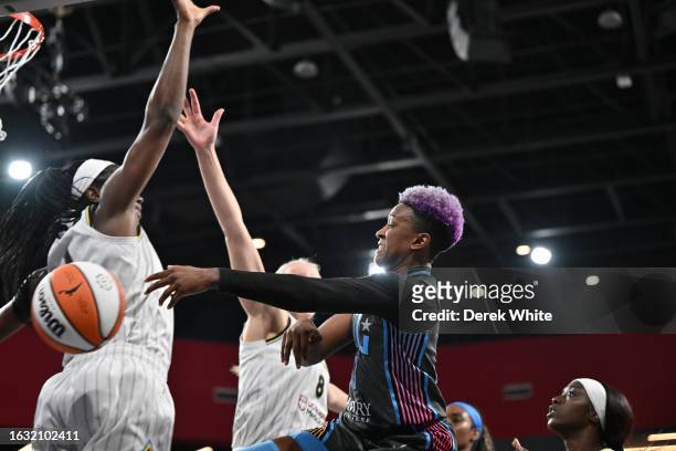 Danielle Robinson of the Atlanta Dream passes the ball during the game on August 18, 2023 at Gateway Center Arena at College Park in Atlanta,...