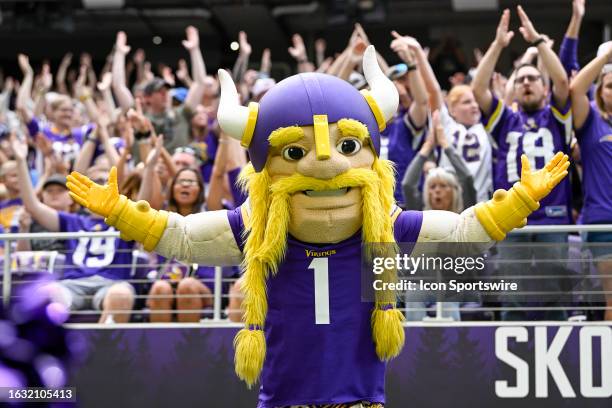 Minnesota Vikings Mascot Victor the Viking leads the crowd in the Skol Chant before a pre-season NFL game between the Minnesota Vikings and Arizona...