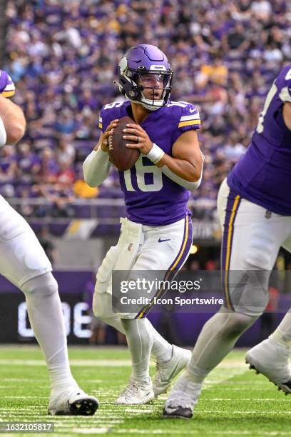 Minnesota Vikings Quarterback Jaren Hall looks to pass during a pre-season NFL game between the Minnesota Vikings and Arizona Cardinals on August 26...