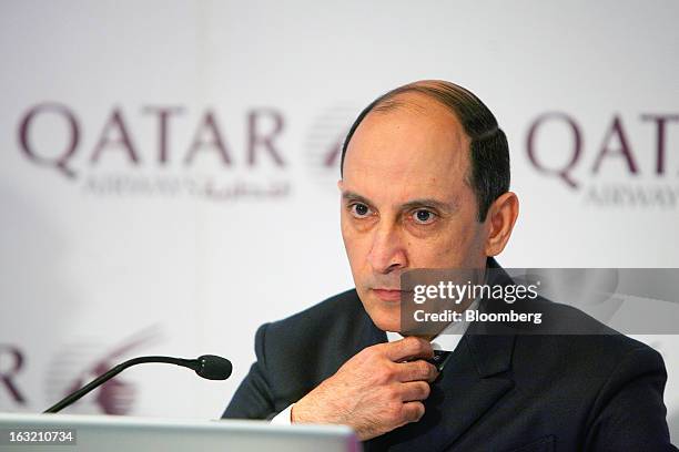 Akbar Al Baker, chief executive officer of Qatar Airways Ltd., pauses during a news conference at the ITB tourism fair in Berlin, Germany, on...