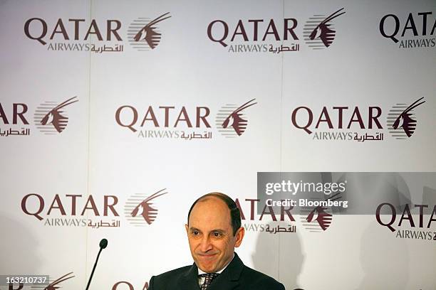 Akbar Al Baker, chief executive officer of Qatar Airways Ltd., reacts during a news conference at the ITB tourism fair in Berlin, Germany, on...