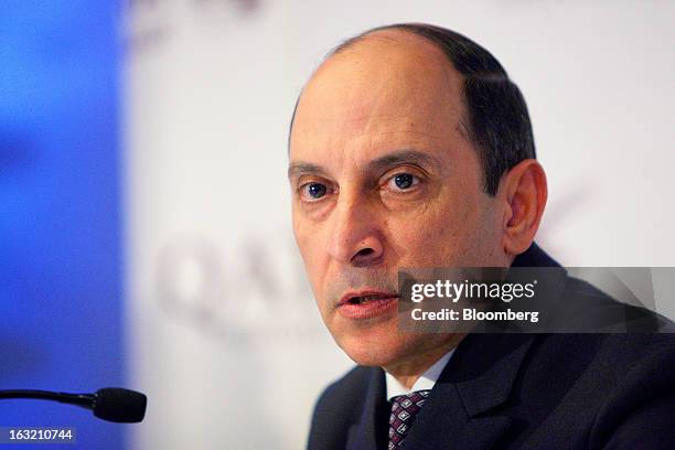 Akbar Al Baker, chief executive officer of Qatar Airways Ltd., speaks during a news conference at the ITB tourism fair in Berlin, Germany, on...