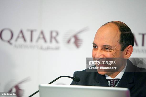 Akbar Al Baker, chief executive officer of Qatar Airways Ltd., reacts during a news conference at the ITB tourism fair in Berlin, Germany, on...