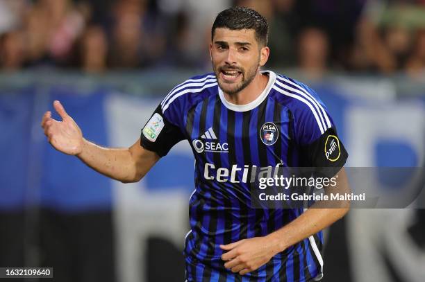 Mattia Valoti of Pisa Sporting Club celebrates after scoring a goal during the Serie B match between Pisa and Parma Calcio at Arena Garibaldi on...