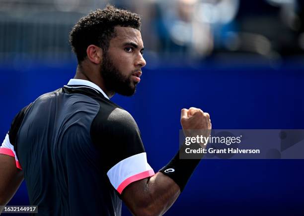 Arthur Fils of France reacts during his match against Brandon Nakashima of the United States in the second round of the Winston-Salem Open at Wake...