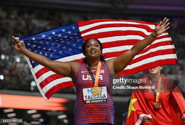 Laulauga Tausaga of Team United States reacts after winning gold in the Women's Discus Throw Final during day four of the World Athletics...