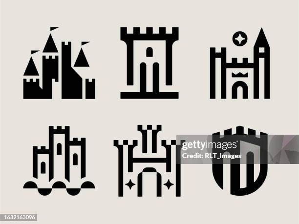 stockillustraties, clipart, cartoons en iconen met mid-century modern castle icons - kasteel
