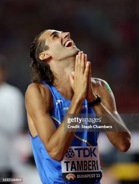 Gold medalist Gianmarco Tamberi of Team Italy reacts after winning the Men's High Jump Final during day four of the World Athletics Championships...